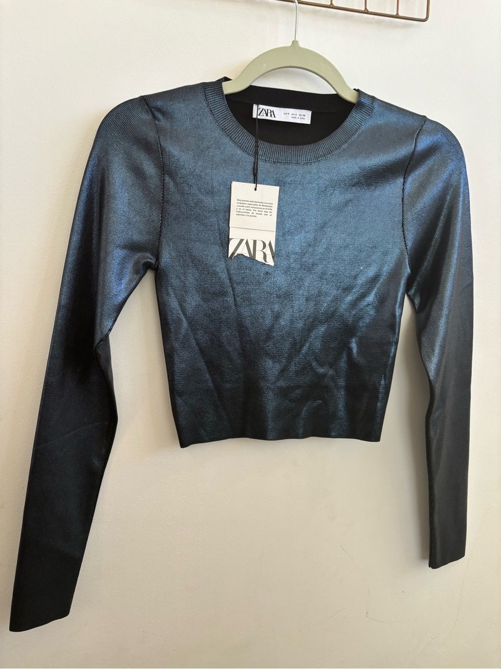 ZARA Dark Blue Metallic Long Sleeve Crop Top